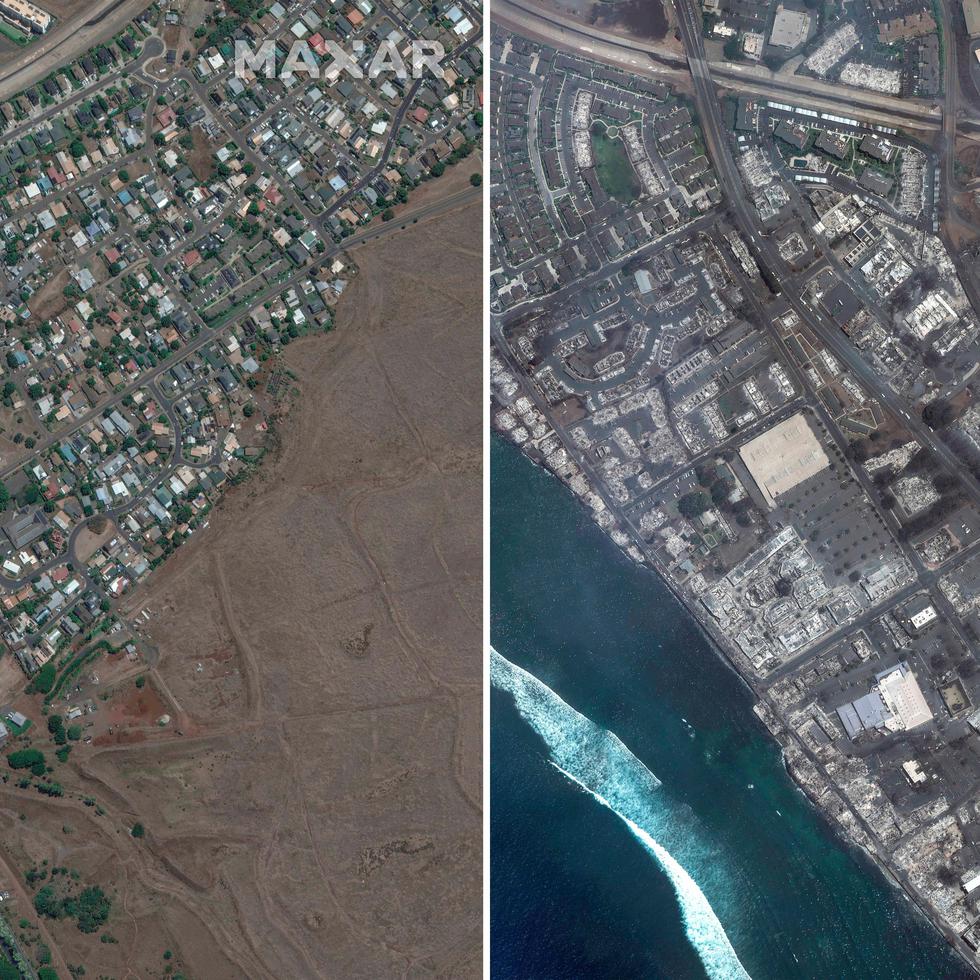 Esta combinación de imágenes satelitales suministradas por Maxar Technologies muestran una vista aérea de Lahaina Square, en Maui, Hawai, el 25 de junio de 2023 a la izquierda, y la misma zona el 9 de agosto, luego de incendio en el centro de la isla hawaiana. (Maxar Technologies vía AP)