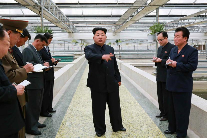 El líder norcoreano Kim Jong-un (al centro) durante una visita a una fábrica en un lugar sin identificar en Corea del Norte. (EFE)