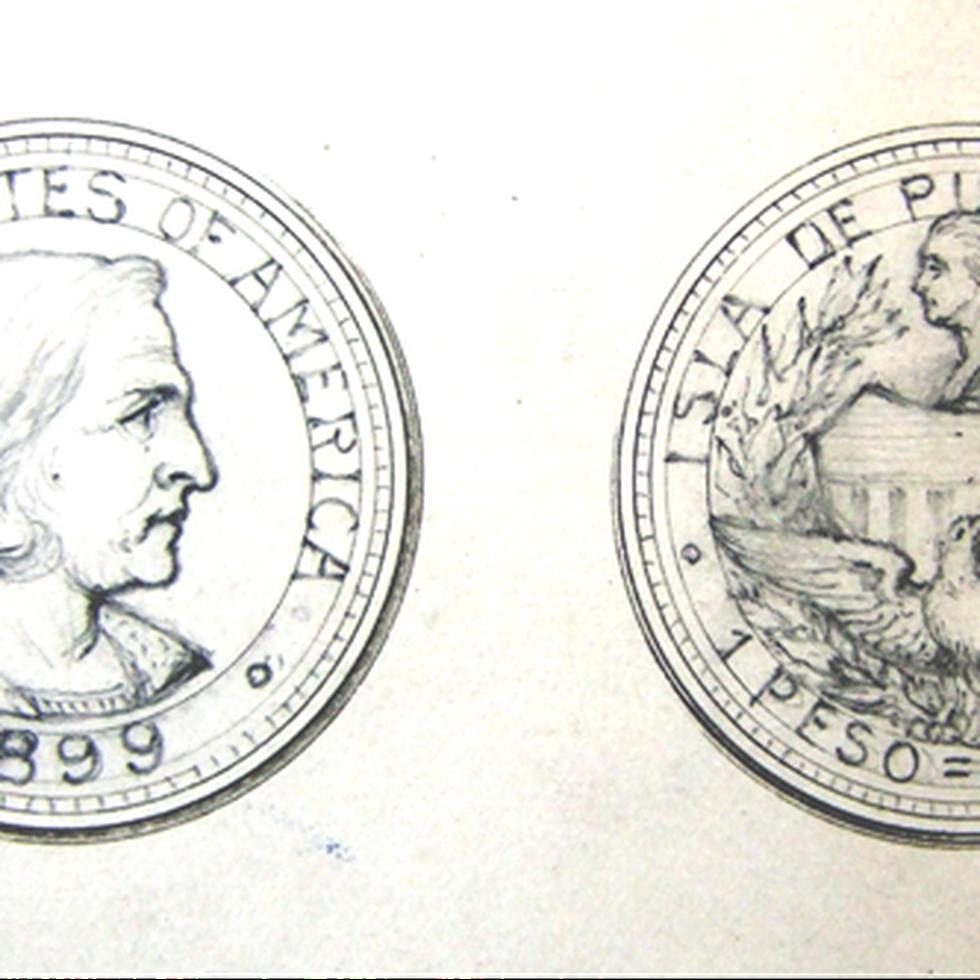 Diseño de Charles E. Barber para la propuesta de moneda puertorriqueña. Tenga en cuenta la leyenda bilingüe y bidenominacional en el reverso (Cortesía del National Museum of American History, Smithsonian Institution).