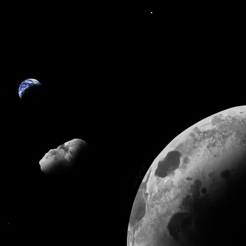 Impresión artística del cuasi-satélite terrestre Kamo`oalewa cerca de la Luna.