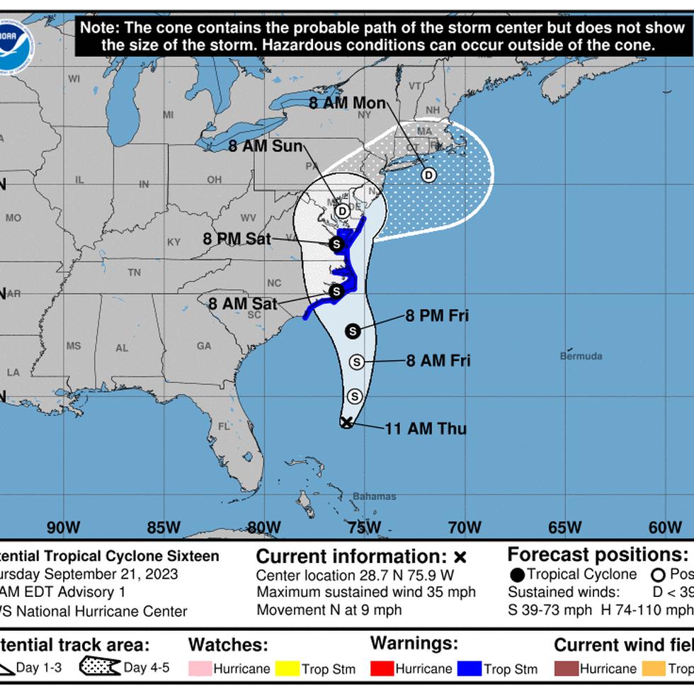 Primera trayectoria oficial pronosticada para el potencial ciclón tropical 16, según el boletín de las 11:00 a.m. del 21 de septiembre de 2023.