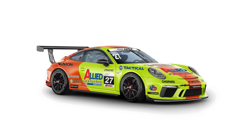Auto de carrera que usará Sebastián Carazo, cuando comience la nueva temporada de la serie IMSA Porsche GT3 Cup Challenge USA by Yokohama. (Suministrada)