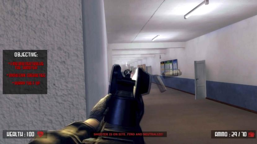 Esta captura de pantalla tomada de YouTube muestra una escena del videojuego "Active Shooter". Acid Software. (AP)