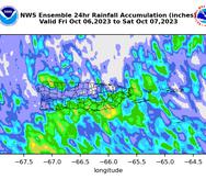 Mapa que muestra la proyección de acumulación de lluvias, según las guías meteorológicas, para el 6 de octubre de 2023, en Puerto Rico.