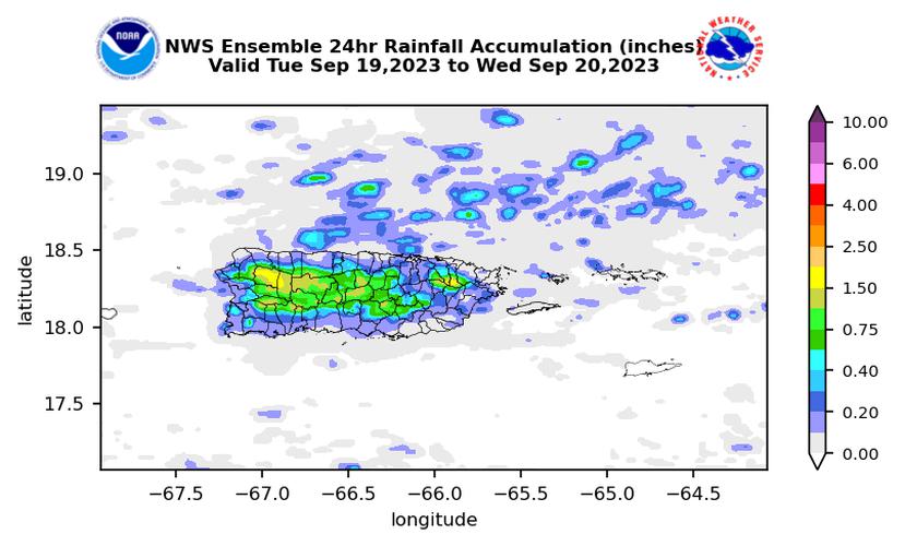 Pronóstico de acumulación de lluvias en 24 horas basado en las proyecciones de un grupo de modelos. Válido entre el 19 al 20 de septiembre de 2023 en Puerto Rico.