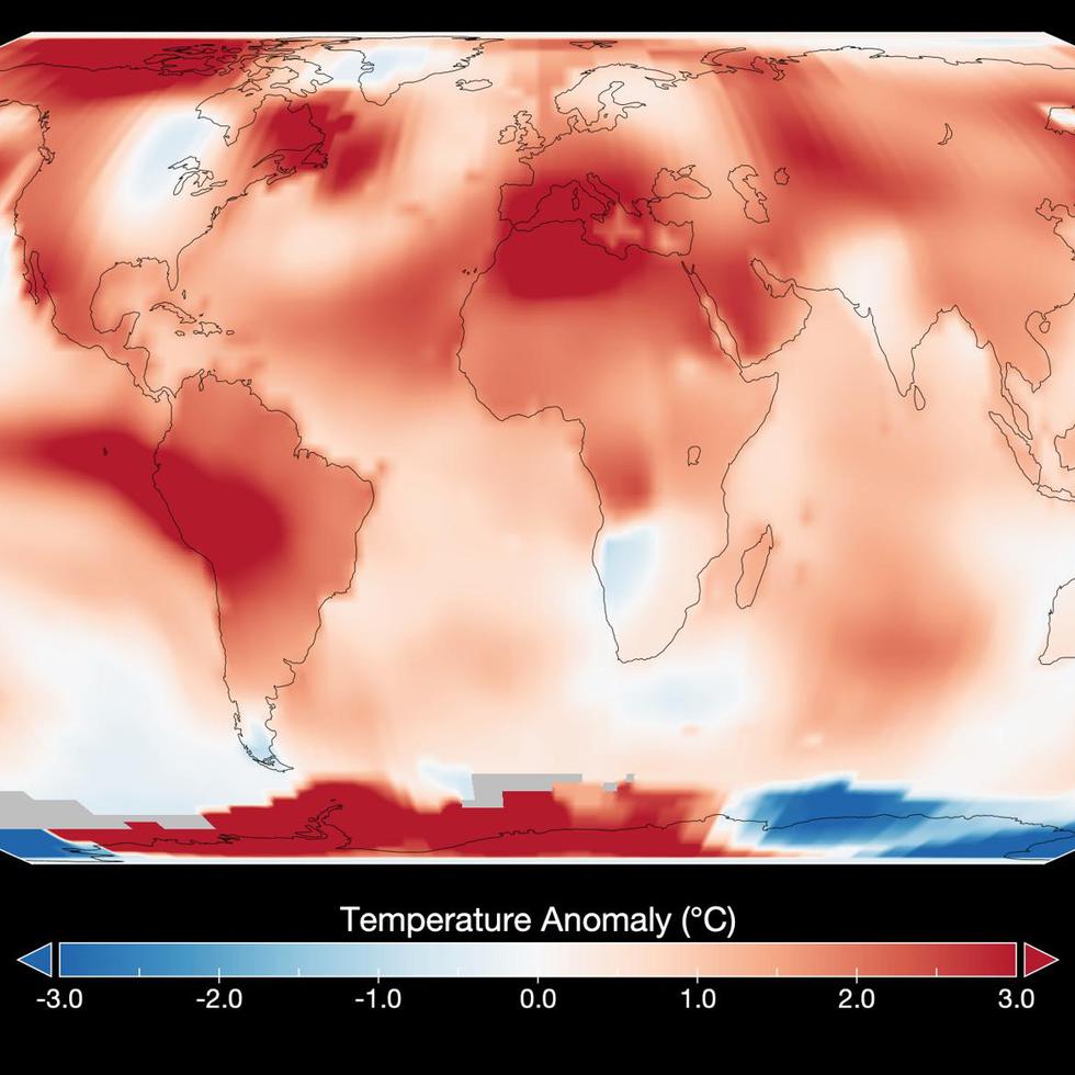 Este mapa muestra las anomalías globales de temperatura para julio de 2023, según el análisis GISTEMP realizado por investigadores del Instituto Goddard de Estudios Espaciales de la NASA. Las anomalías de temperatura reflejan la comparación de julio de 2023 con la temperatura media para el mes de julio entre 1951 y 1980.