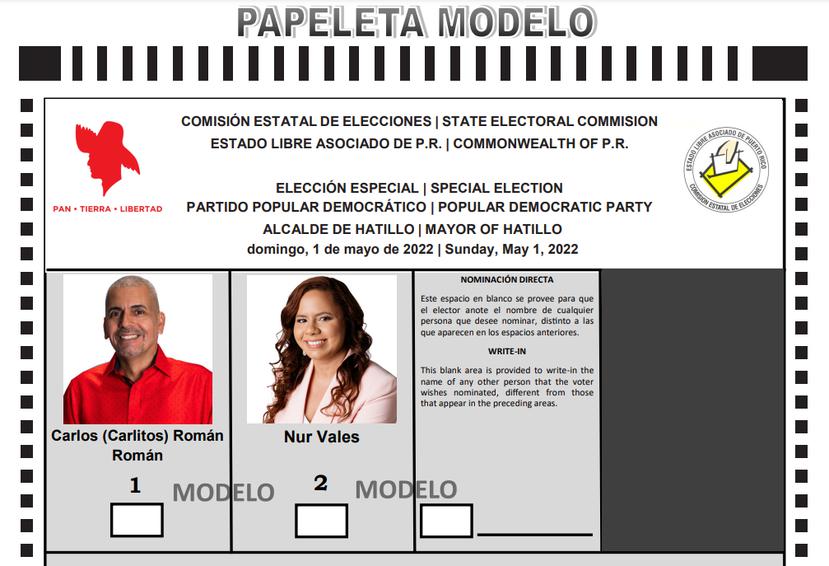 La papeleta modelo para la elección especial del PPD por la alcaldía de Hatillo.