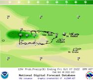 Mapa que muestra los porcentajes de probabilidad de lluvia para este viernes, 7 de octubre de 2022, en Puerto Rico.