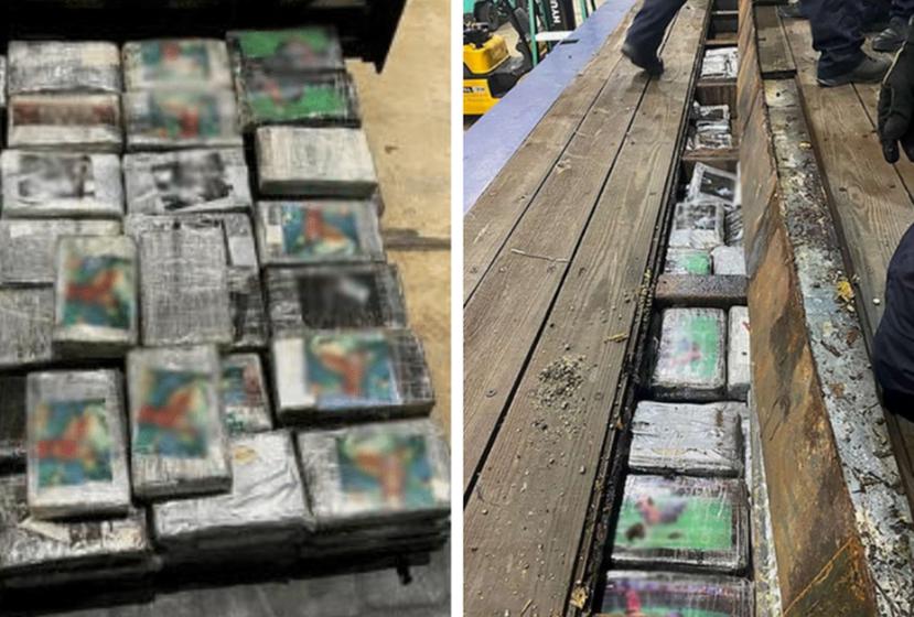 Montaje de imágenes provistas por CBP de paquetes con cocaína en una plataforma de carga de un ferry.