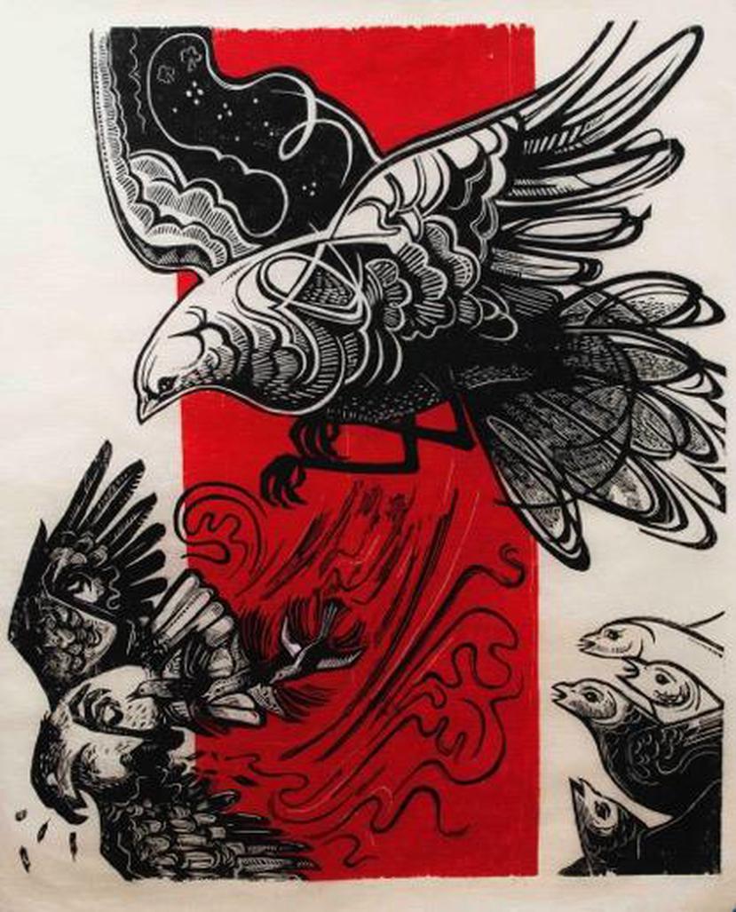 “La paloma que soñó ser pitirre”, 42 ½” x 36 ½”, madera, de José R. Alicea. (Suministrada)
