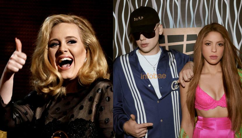 Adele, a la izquierda, en un montaje junto a BZRP, al centro, y Shakira, a la derecha.