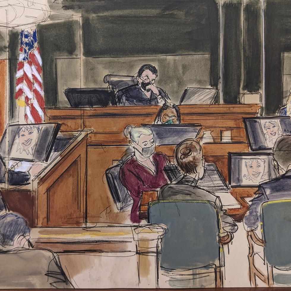 En este boceto de la sala, Annie Farmer, en el extremo derecho, testifica en el estrado durante el juicio por abuso sexual de Ghislaine Maxwell.