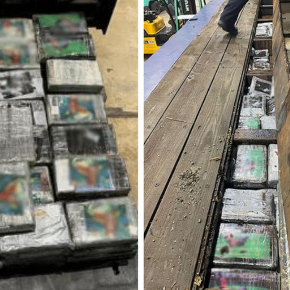 Montaje de imágenes provistas por CBP de paquetes con cocaína en una plataforma de carga de un ferry.
