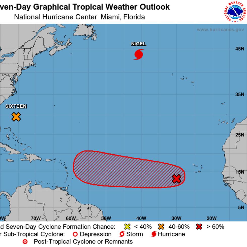 El sistema, que está marcado con una X roja, tiene un 80% de probabilidad de convertirse en una depresión tropical en los próximos siete días.