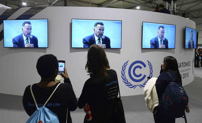 Visitantes en la Conferencia Climática de Naciones Unidas siguen el discurso de Arnold Schwarzenegger por televisión. (AP / Czarek Sokolowski)