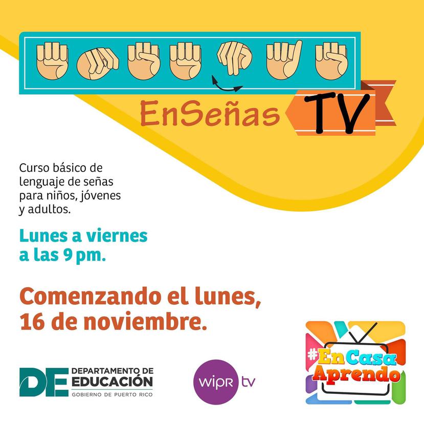 Arte de promoción del nuevo programa "En Señas TV", dirigido a educar y enseñar sobre el uso del lenguaje de señas.