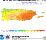 Estimados en acumulación de agua para Puerto Rico, basado en el pronóstico de lluvia de 48 horas que se extiende desde el 1ro hasta las 6:00 a.m. del 3 de julio de 2022.