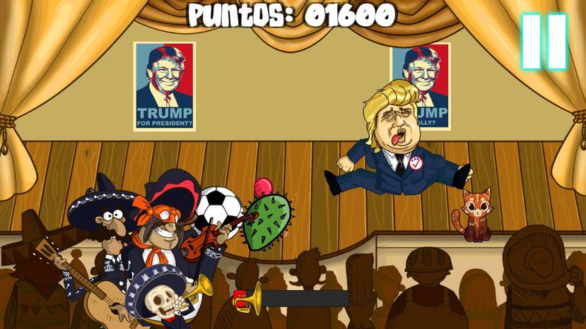 Fotografía cedida por el corporativo Karaokulta que muestra una animación de un equipo de creadores mexicanos, presentada en un videojuego que permite arrojar balones y botellas al precandidato presidencial estadounidense Donald Trump.