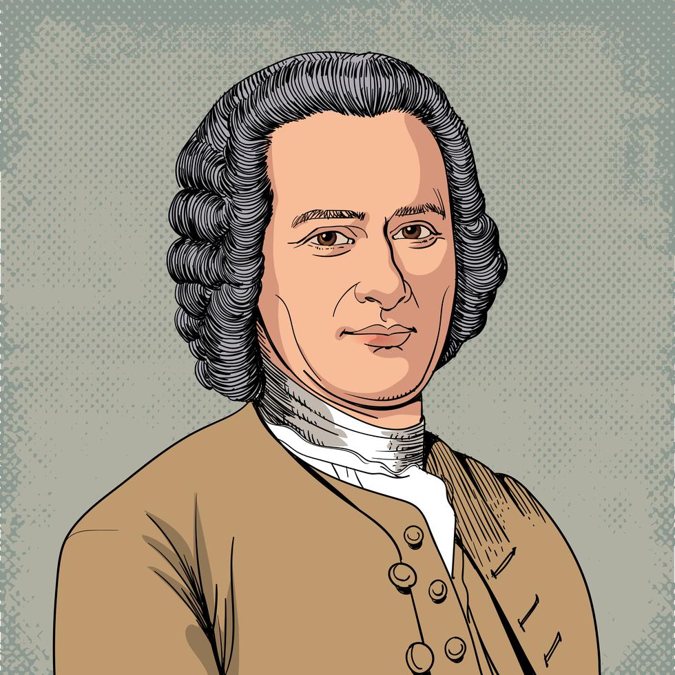 Jean Jacques Rousseau (1712-1778) portrait in line art illustration. He was philosopher, writer, and political theorist whose novels inspired the leaders of the French Revolution and the Romanticism.