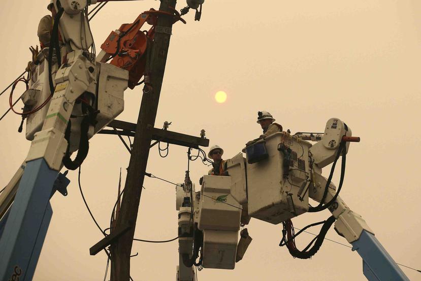 Trabajadores de la compañía Pacific Gas & Electric reparan el tendido eléctrico en Paradise, California. (AP)