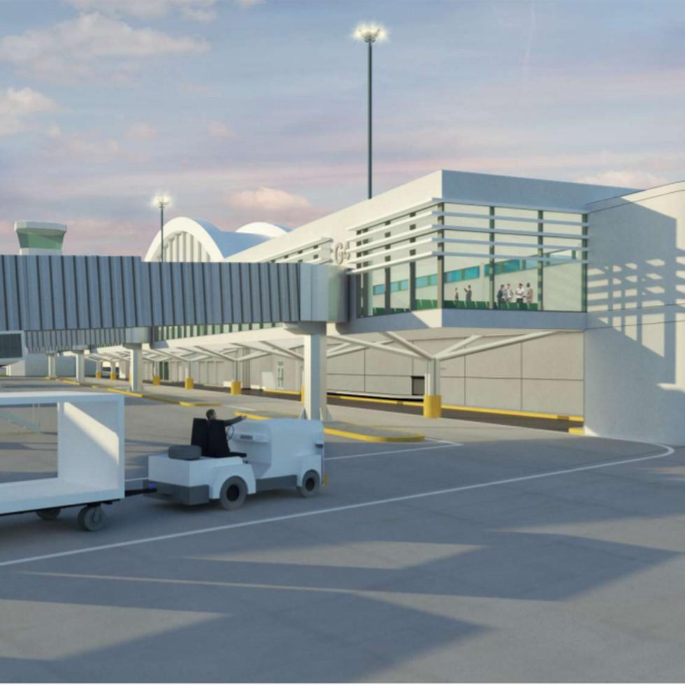 En el aeropuerto Rafael Hernández de Aguadilla se instalarán de tres puentes de abordaje, como el que se aprecia en esta representación de cómo quedará el proyecto.