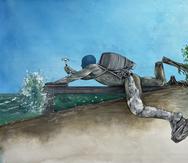 Obra de Éktor Rivera que se inspira en la construcción de un muro en una playa de Rincón.