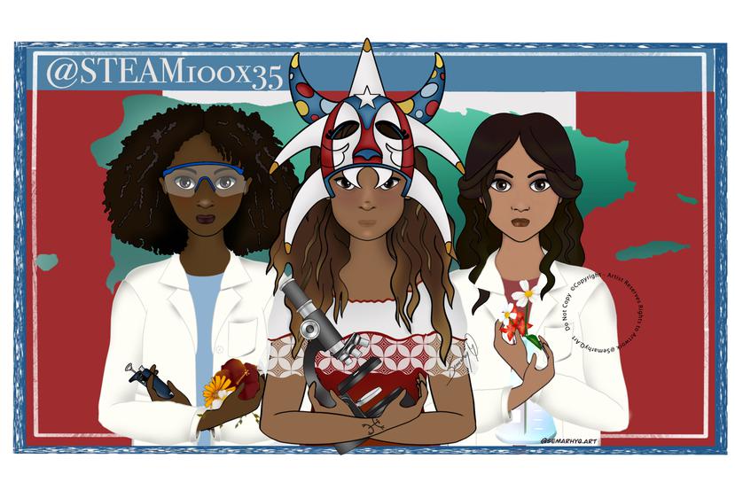 Tanto el logo como la pancarta del proyecto STEAM 100 x 35 representan la diversidad de la mujer puertorriqueña en las ciencias, explicaron sus cofundadoras, Alexandra Colón Rodríguez y Semarhy Quiñones.