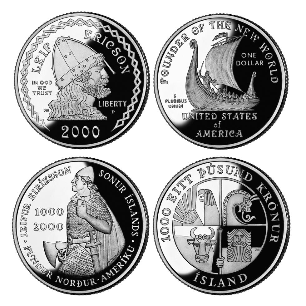 Monedas de Estados Unidos e Islandia conmemorativas del vikingo Leif Ericson de quien la historia afirma que llegó a América antes de Cristóbal Colón. (Suministrada)
