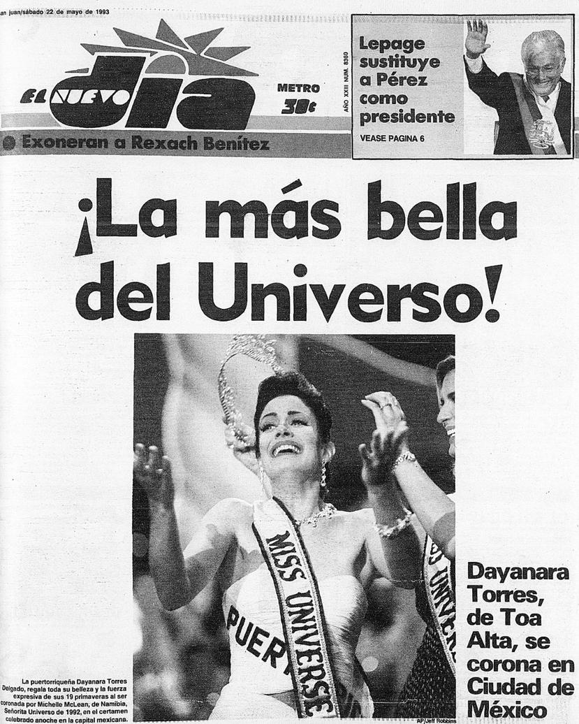 Portada del sábado 22 de mayo de 1993 de El Nuevo Día reseñando el triunfo histórico de Dayanara Torres en el Miss Universe: la más bella del universo.