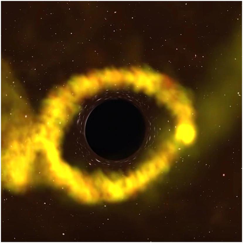 Cuando una estrella se desvía demasiado cerca de un agujero negro, las mareas intensas la separan en una corriente de gas. (NASA)