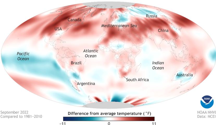 Temperatura de la superficie del planeta durante septiembre de 2022 comparado con el promedio de 1981-2010. Los colores rojos muestran temperaturas cálidas y los azules temperaturas frías.