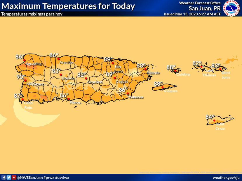 Pronóstico de temperaturas máximas para el 15 de marzo de 2023 en Puerto Rico.