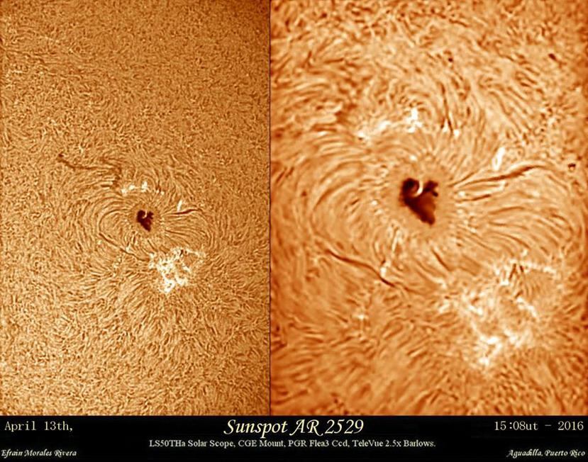 La mancha solar tiene forma de corazón y en días recientes su tamaño aumentó. (Suministrada / Efraín Morales / SAC)