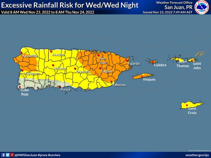 Mapa que muestra el riesgo de lluvia en exceso para este miércoles, 23 de noviembre de 2022. El color amarillo es riesgo limitado y el anaranjado riesgo elevado.