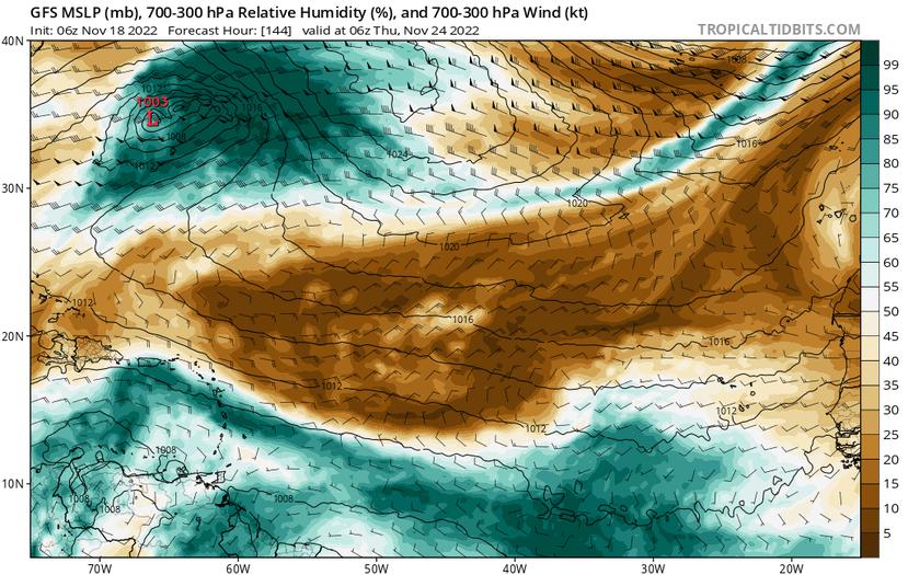 Proyección del modelo americano GFS respecto al la humedad en niveles medios de la atmósfera para el próximo jueves, 24 de noviembre de 2022, en horas de la madrugada.