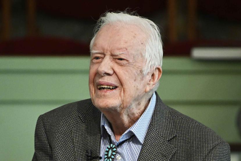 En esta imagen del domingo 3 de noviembre de 2019, el expresidente Jimmy Carter en la escuela dominical en la Iglesia Bautista Maranatha de Plains, Georgia. (AP / John Amis)
