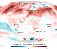 Temperatura de la superficie del planeta durante septiembre de 2022 comparado con el promedio de 1981-2010. Los colores rojos muestran temperaturas cálidas y los azules temperaturas frías.