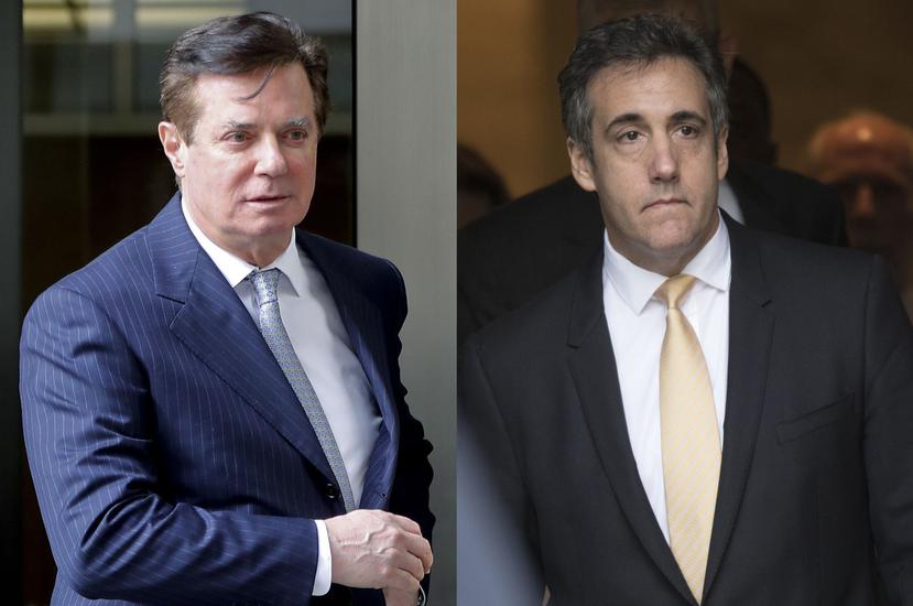 De izquierda a derecha, Paul Manafort y Michael Cohen, acusados de evasión fiscal y de haber comprado el silencio de actriz porno durante la campaña presidencial, respectivamente. (AP)