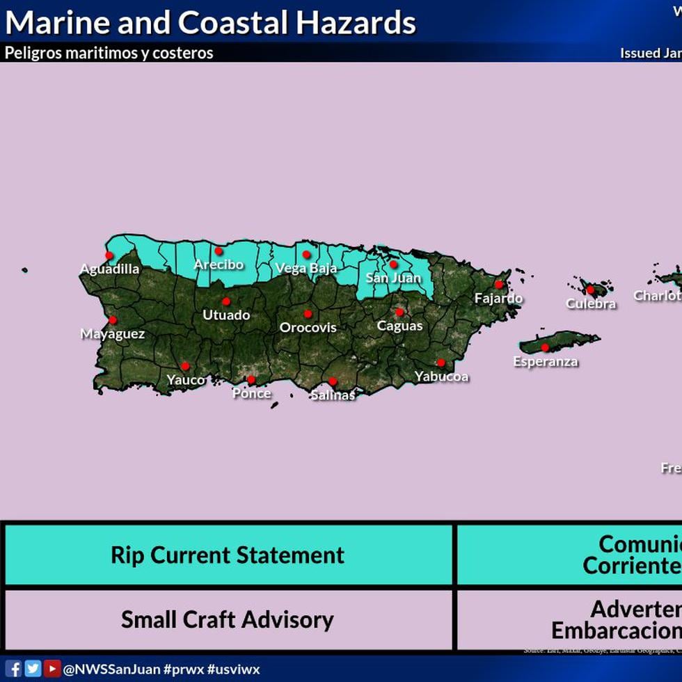 El Servicio Nacional de Meteorología emitió una advertencia para operadores de embarcaciones pequeñas, al igual que un aviso de riesgo alto de corrientes marinas para las playas del norte de la isla.