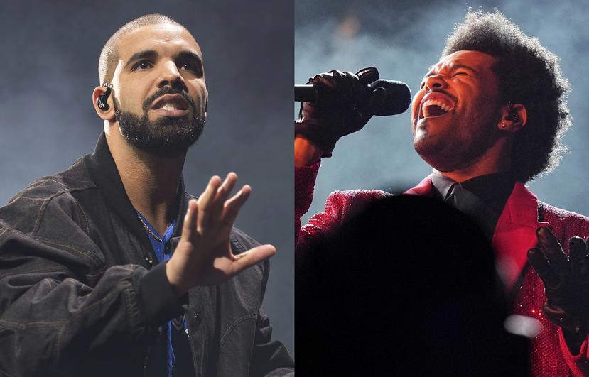 Drake durante una presentación en Toronto el 8 de octubre de 2016, izquierda, y The Weeknd durante su espectáculo del medio tiempo en el Super Bowl el 7 de febrero de 2021 en Tampa, Fla. Drake, el artista más decorado en la historia de los Premios Billboard, será homenajeado como Artista de la Década en la ceremonia del domingo, donde The Weeknd es finalista a 16 premios. (AP Foto)