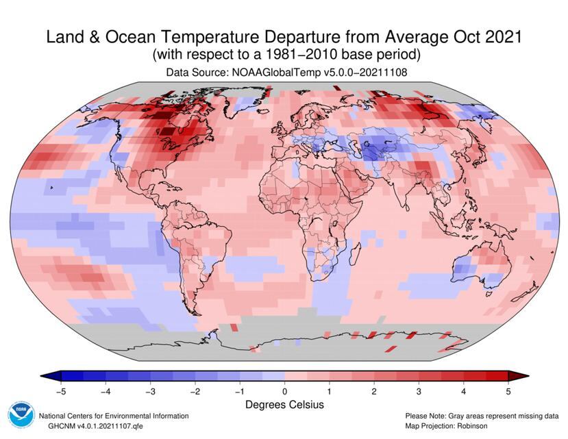 Infografía que muestra las percentilas de temperatura promedio en tierra y océano durante el pasado mes de octubre 2021.