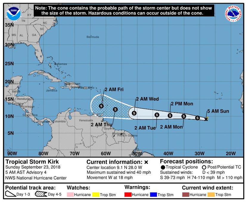 Pronóstico del Centro Nacional de Huracanes a las 5:00 a.m. del 23 de septiembre de 2018. (NOAA)