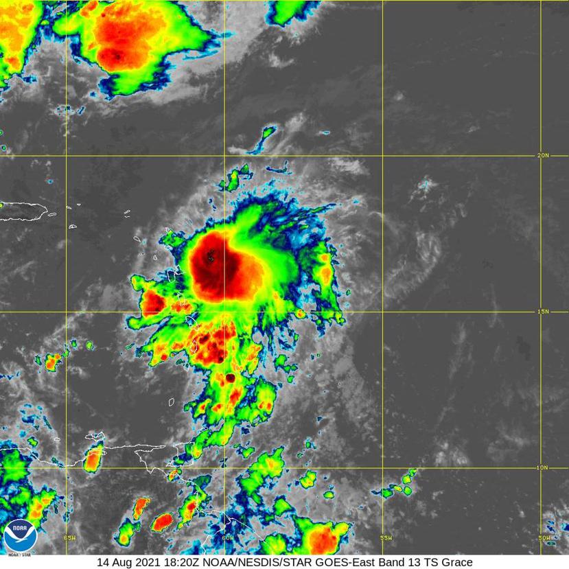 Imagen del satélite infrarrojo sobre la tormenta tropical Grace en la tarde del sábado, 14 de agosto de 2021.