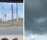Fotomontaje de capturas de videos compartidos por usuarios en las redes sociales. El radar del NWS, de momento, no registró actividad asociada con la formación de tornados.