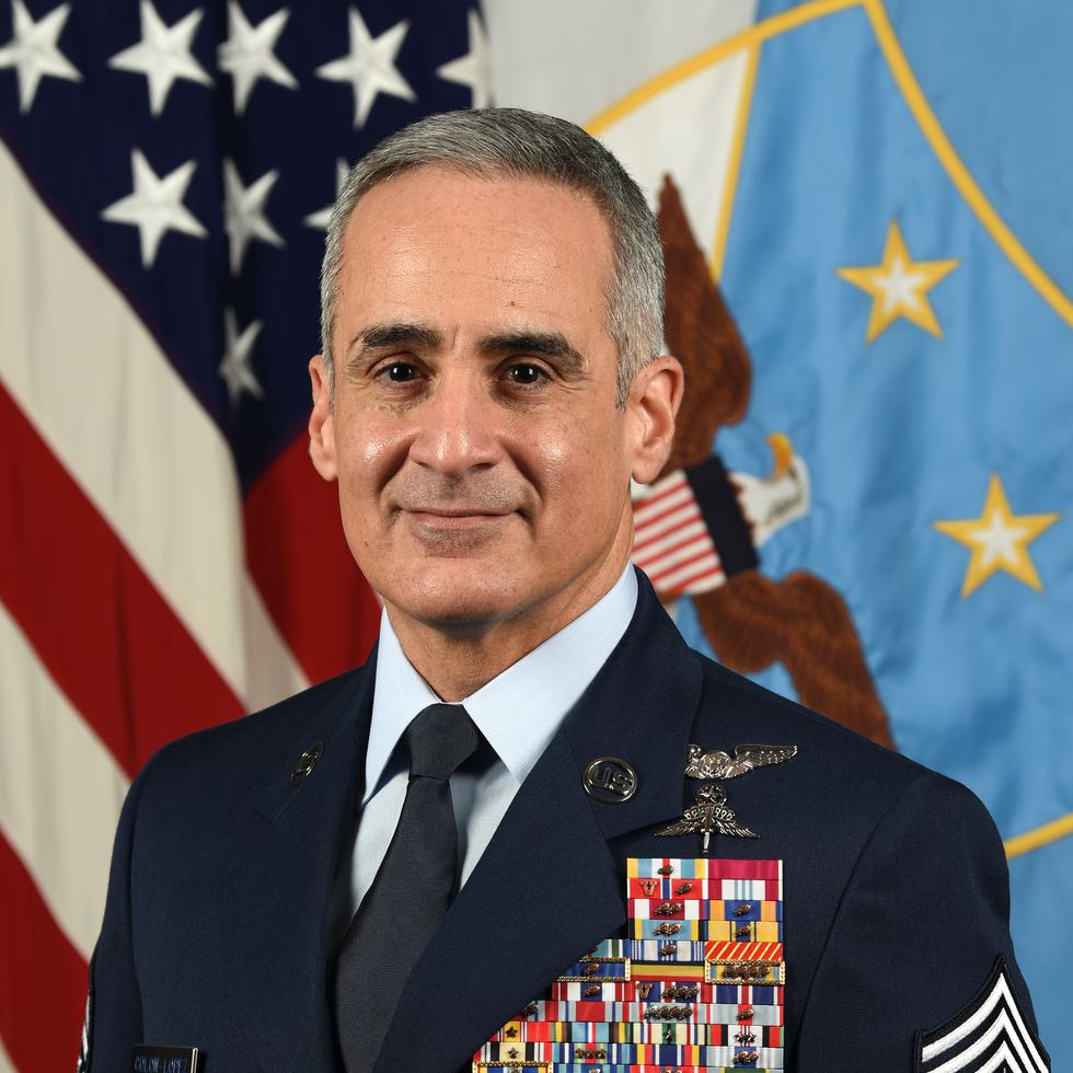 U.S. Air Force Chief Master Sgt. Ramon “CZ” Colon-Lopez, 4th Senior Enlisted Advisor to the Chairman, Joint Chiefs of Staff, poses for his official portrait in the Army portrait studio at the Pentagon in Arlington, Va., Dec. 9, 2019.  (U.S. Army photo by William Pratt)