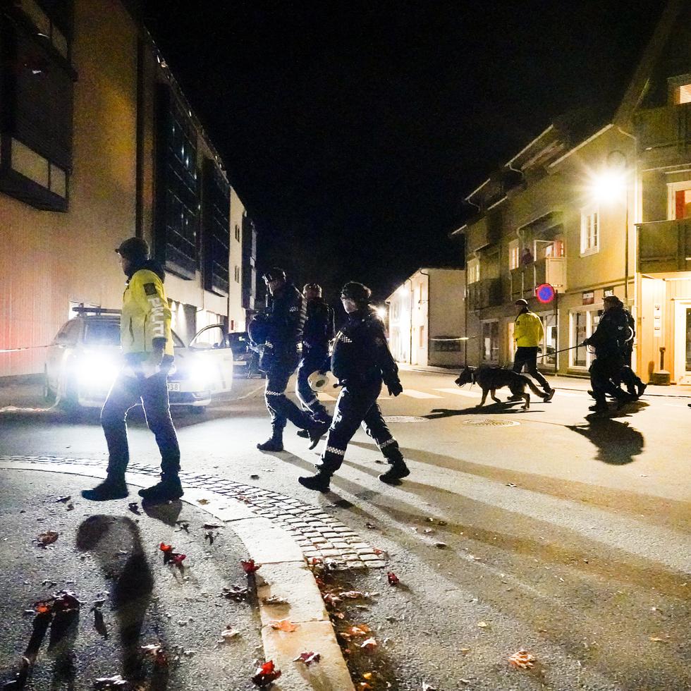 Policías en la escena tras un ataque en Kongsberg, Noruega, el miércoles 13 de octubre de 2021. (Hakon Mosvold Larsen/NTB Scanpix via AP)