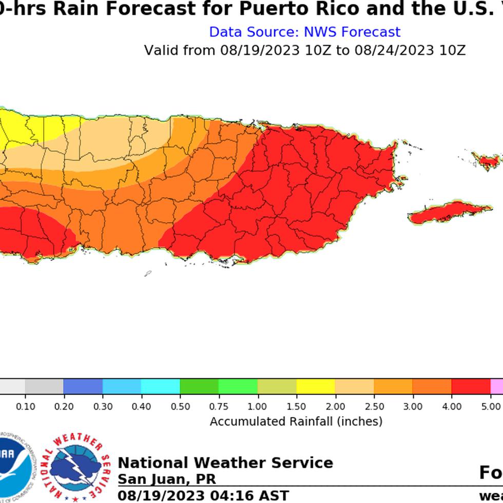 Pronóstico que sugiere la acumulación de lluvia en Puerto Rico desde las 6:00 a.m. del día 19 a las 6:00 a.m. del 24 de agosto de 2023. Las lluvias serán producto de una onda tropical con potencial de desarrollo.