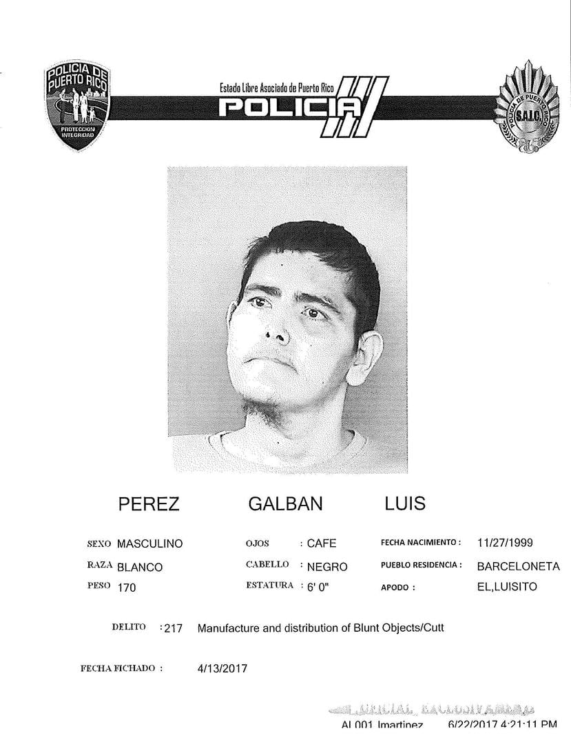 Ficha policiaca de Luis Pérez Galbán el día en que fue arrestado en Arecibo. (Suministrada/Policía de Puerto Rico)