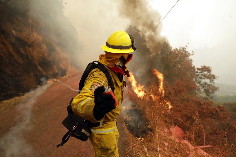 El bombero de Sonoma, Pete Avencino, lanza un dispositivo incendiario para controlar los fuegos en Glen Ellen, California.