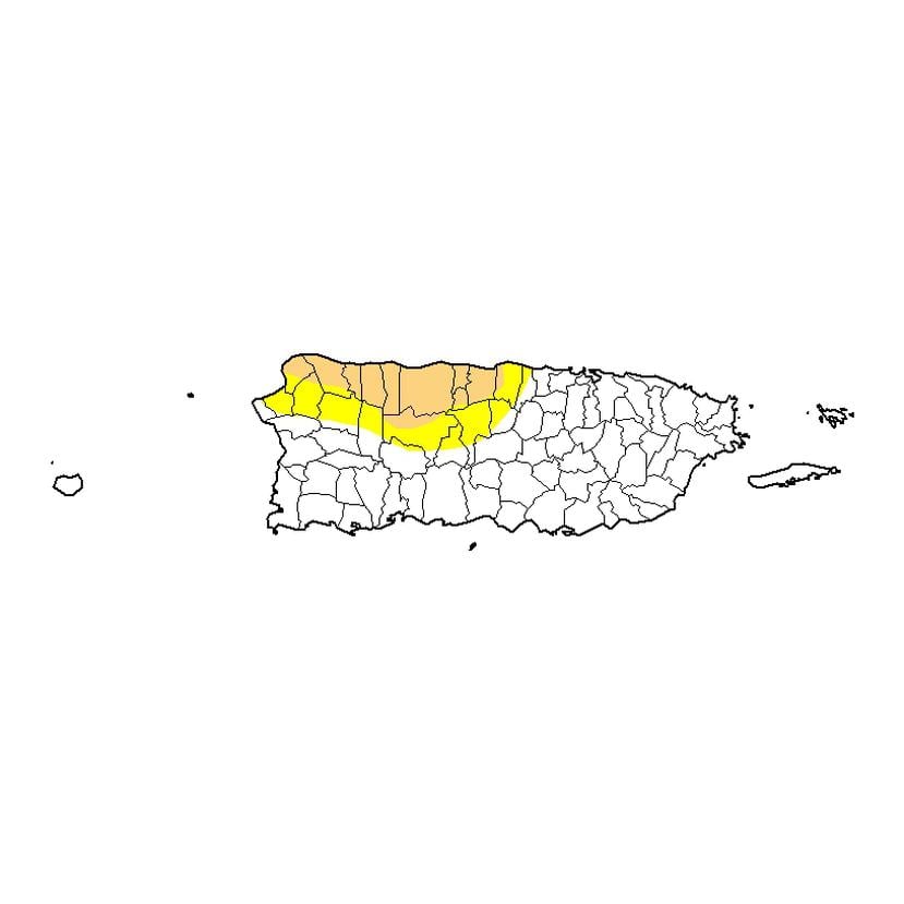Mapa que muestra en amarillo las áreas bajo condiciones atípicamente secas y en color crema las áreas con sequía moderada.